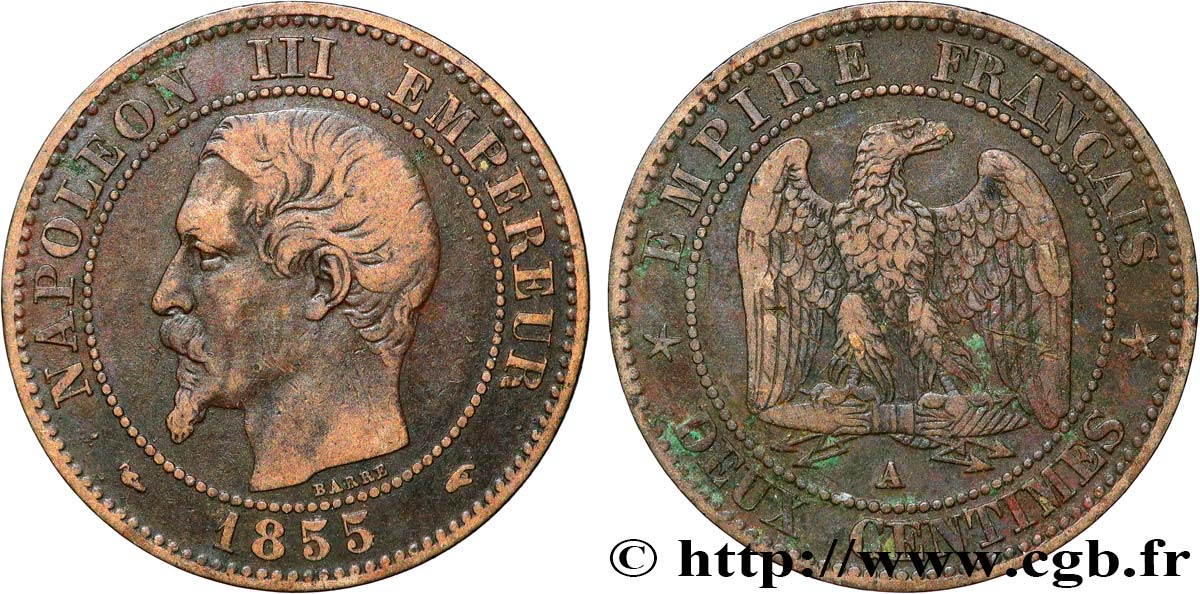 Deux centimes Napoléon III, tête nue 1855 Paris F.107/19 BC