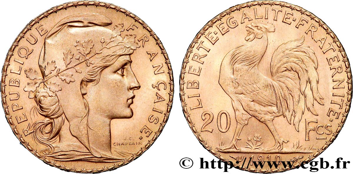 20 francs or Coq, Liberté Égalité Fraternité 1910 Paris F.535/4 fST