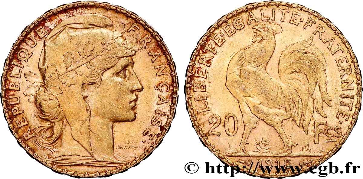 20 francs or Coq, Liberté Égalité Fraternité 1910 Paris F.535/4 AU