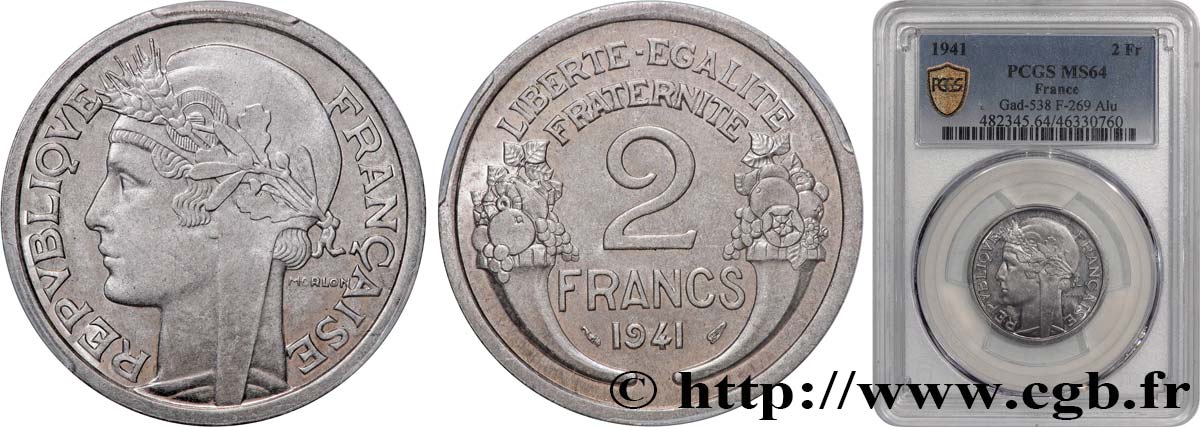 2 francs Morlon, aluminium 1941  F.269/2 MS64 PCGS