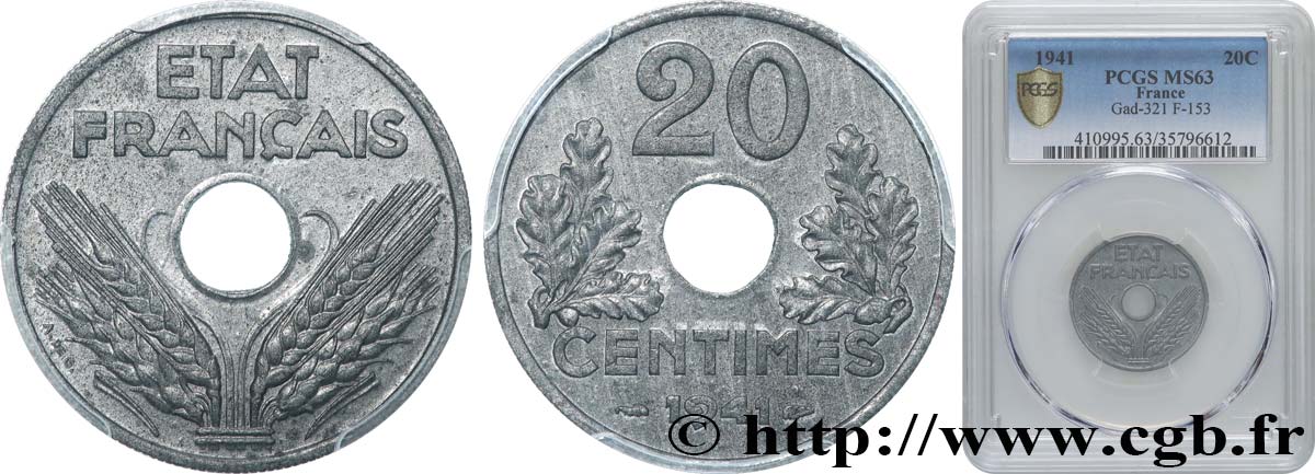20 centimes État français, lourde 1941  F.153/2 MS63 PCGS