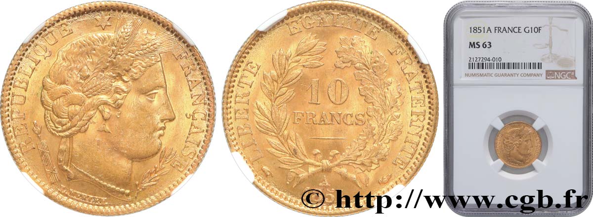 10 francs or Cérès, IIe République 1851 Paris F.504/3 SPL63 NGC