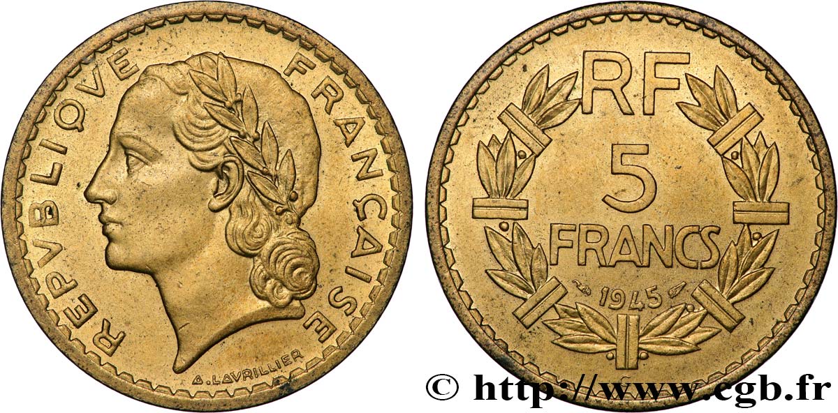 5 francs Lavrillier, bronze-aluminium 1945 Castelsarrasin F.337/6 MS62 