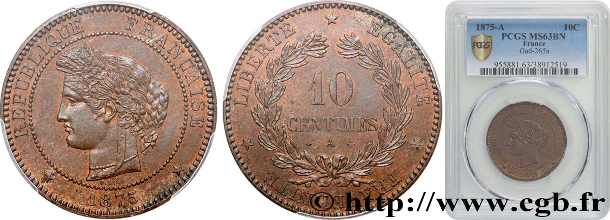 10 centimes Cérès 1875 Paris F.135/14 SPL63 PCGS