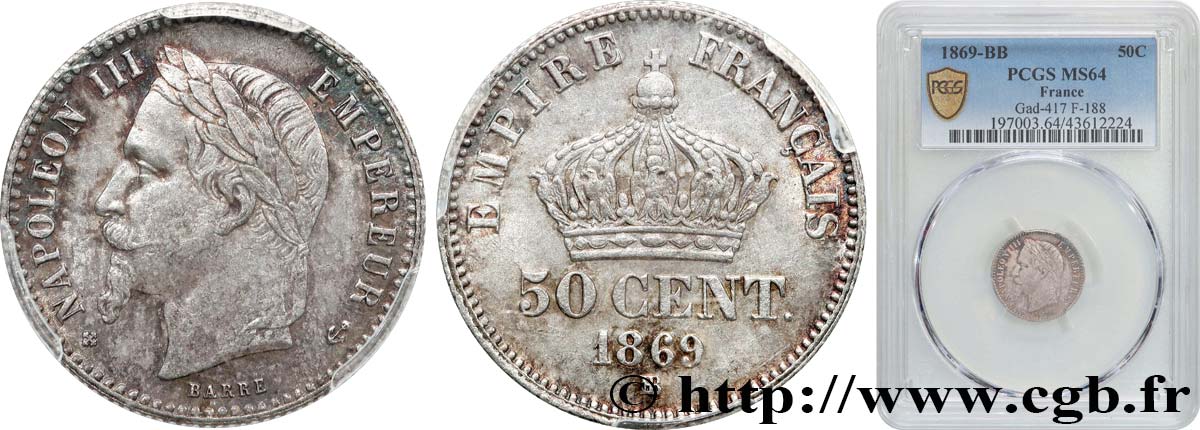 50 centimes Napoléon III, tête laurée 1869 Strasbourg F.188/23 MS64 PCGS