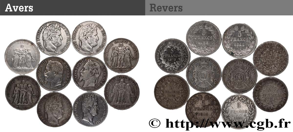 Lot de dix écus de 5 francs n.d. F.-/ BC