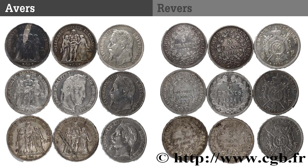 Lot de neuf écus de 5 francs n.d. F.-/ BC