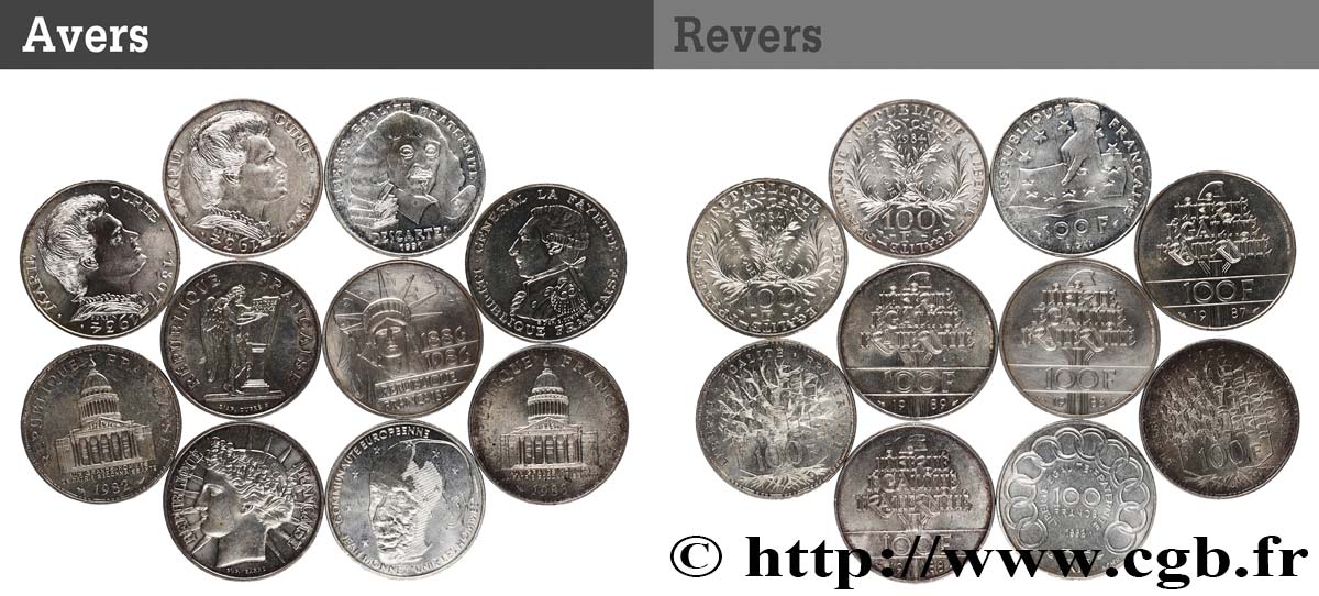 Lot de 10 pièces de 100 francs commémoratives - - F.-/ MBC