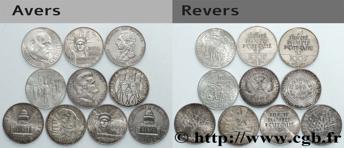 Lot de 10 pièces de 100 francs commémoratives - - F.-/ MBC