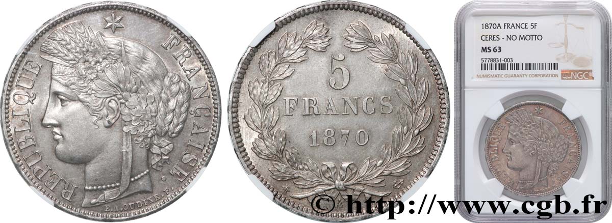 5 francs Cérès, sans légende 1870 Paris F.332/1 SC63 NGC