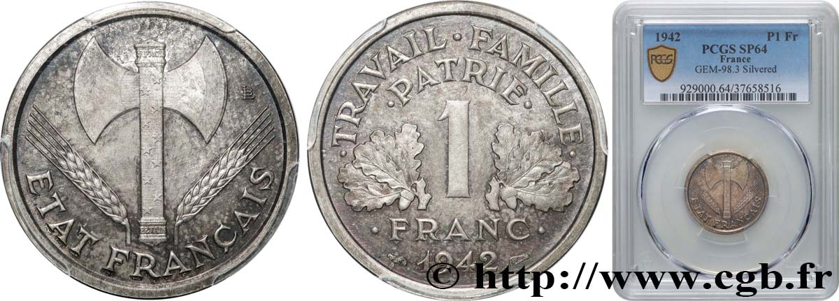 Essai en Bronze-Argenté de 1 franc Francisque, sur flan épais 1942 Paris GEM.98 3 fST64 PCGS
