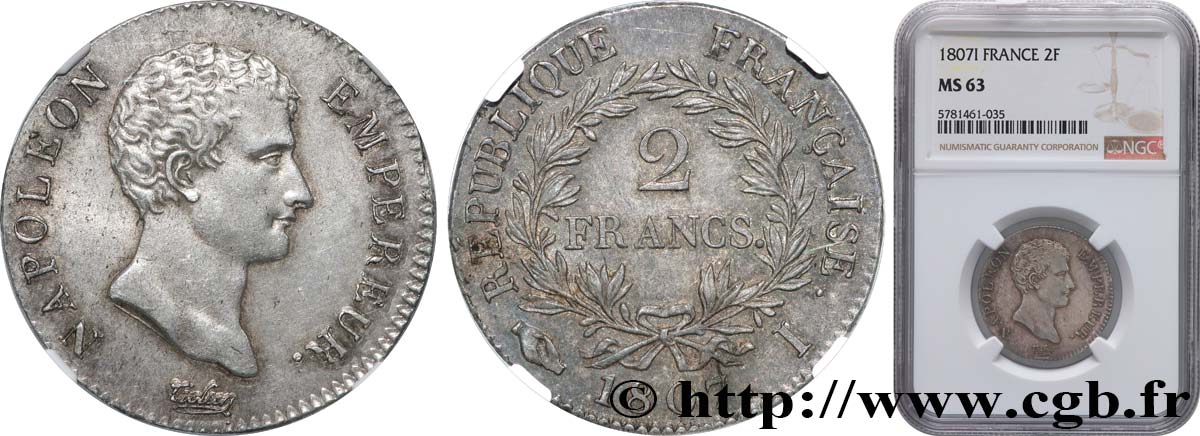 2 francs Napoléon Empereur, Calendrier grégorien 1807 Limoges F.252/9 fST63 NGC