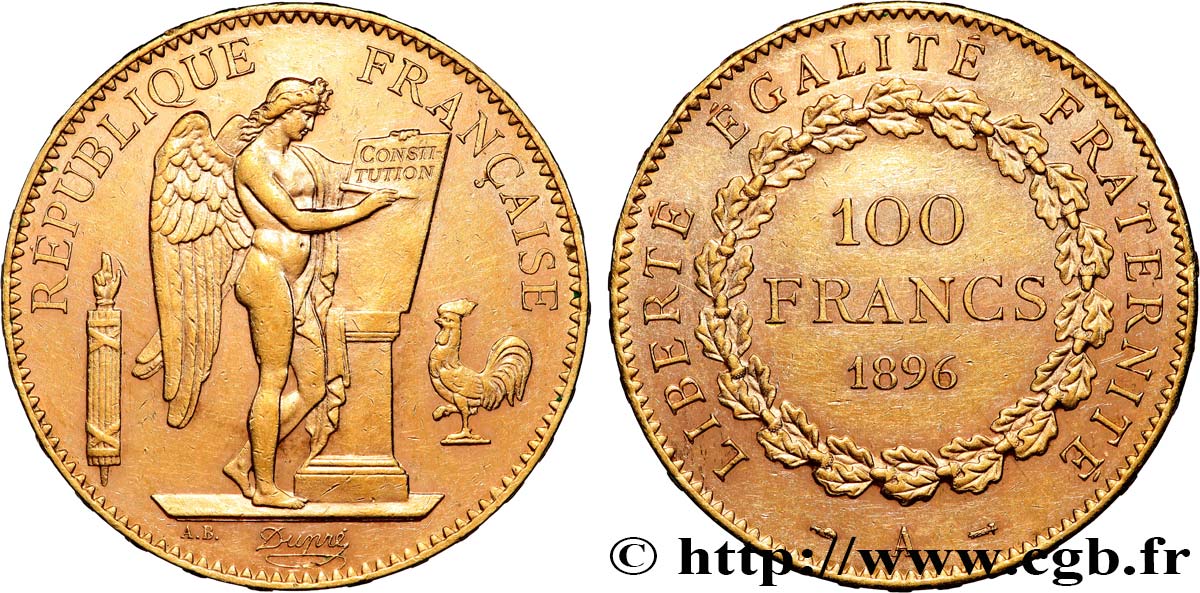 100 francs or Génie, tranche inscrite en relief Dieu protège la France 1896 Paris F.552/11 SPL 