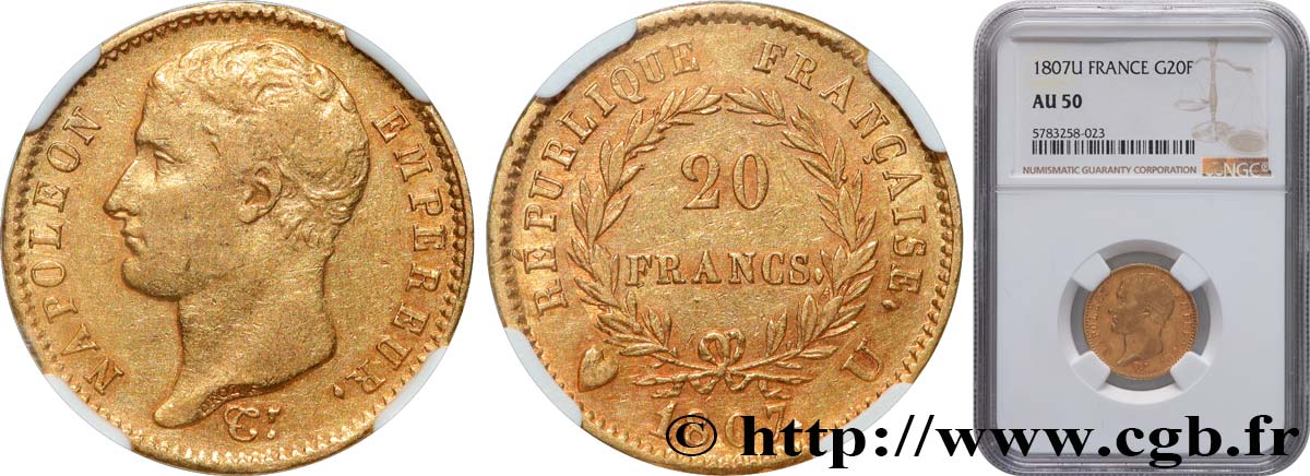 20 francs Napoléon tête nue, type transitoire 1807 Turin F.514/3 AU50 NGC