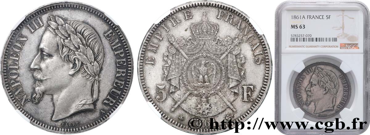 5 francs Napoléon III, tête laurée, petit A 1861 Paris F.331/1 MS63 NGC