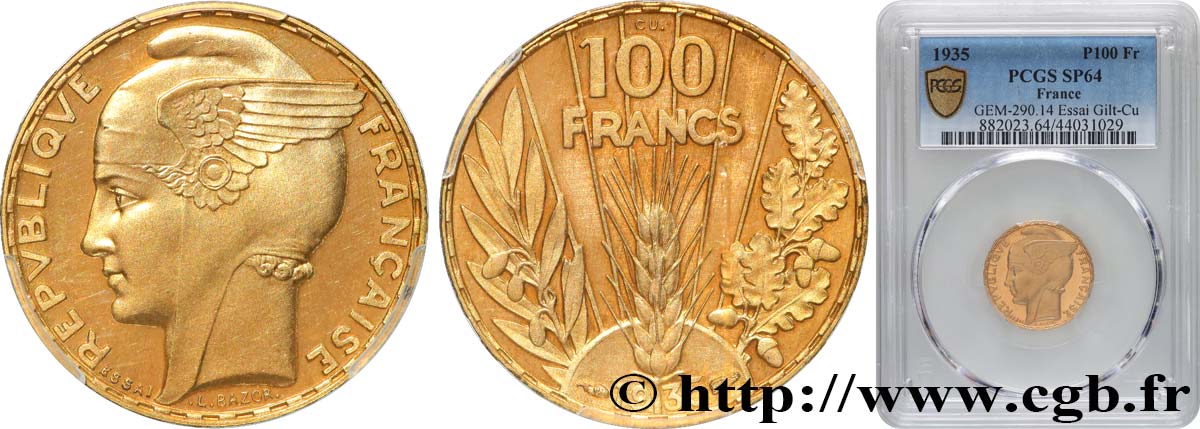 Essai de 100 francs Bazor en cuivre doré, flan bruni 1935  GEM.290 14 SC64 PCGS