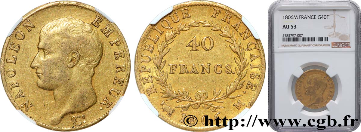 40 francs or Napoléon tête nue, Calendrier grégorien 1806 Toulouse F.538/3 BB53 NGC