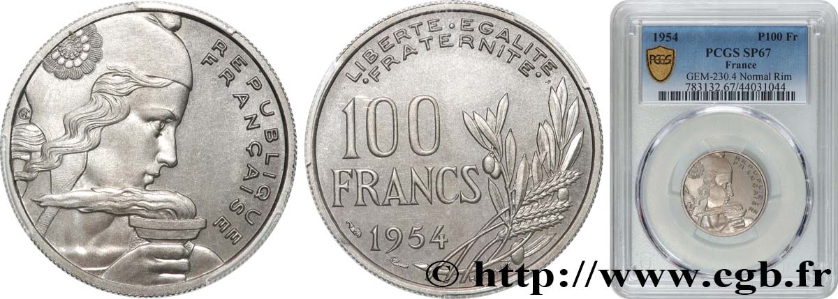 ESSAI de 100 francs Cochet, sans le mot ESSAI, petit “4” 1954  GEM.230 5 ST67 PCGS