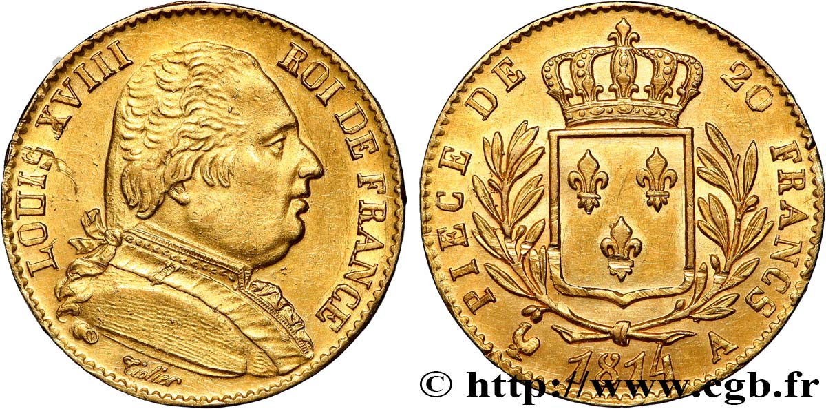 20 francs or Louis XVIII, buste habillé 1814 Paris F.517/1 MBC+ 