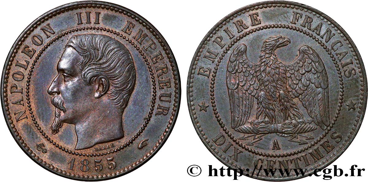Dix centimes Napoléon III, tête nue 1855 Paris F.133/20 SUP62 