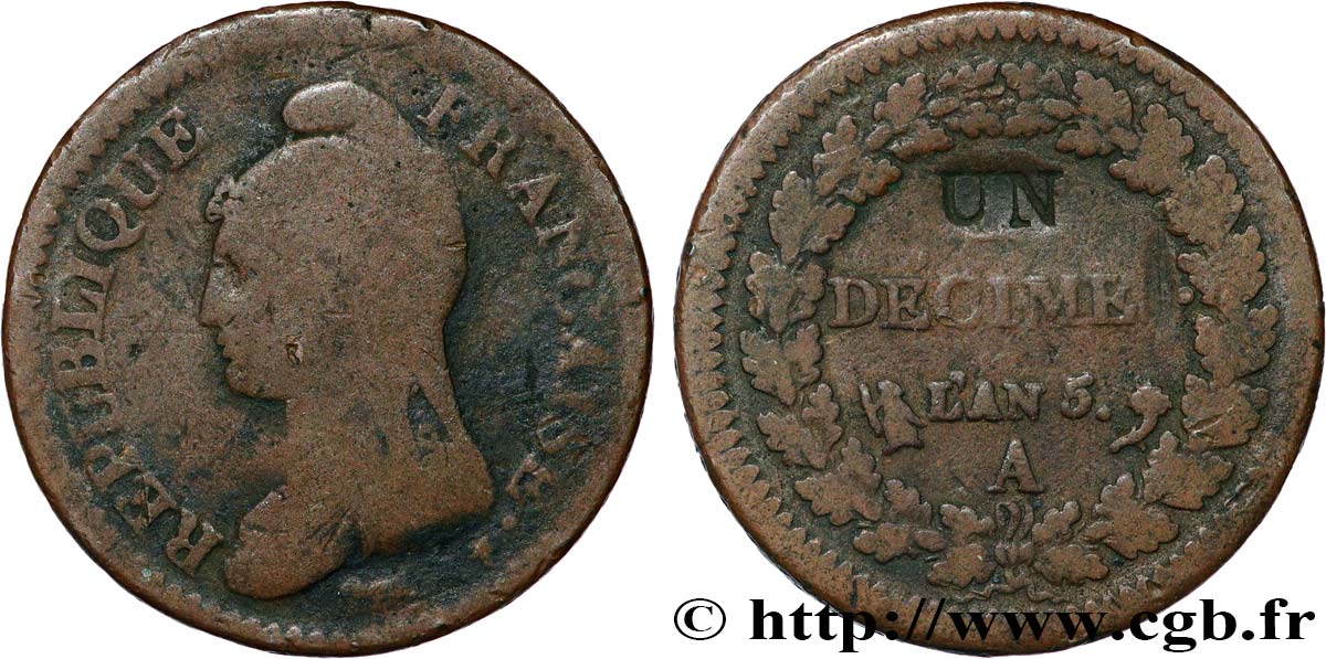 Un décime Dupré, modification du 2 décimes 1797 Paris F.127/5 VG 