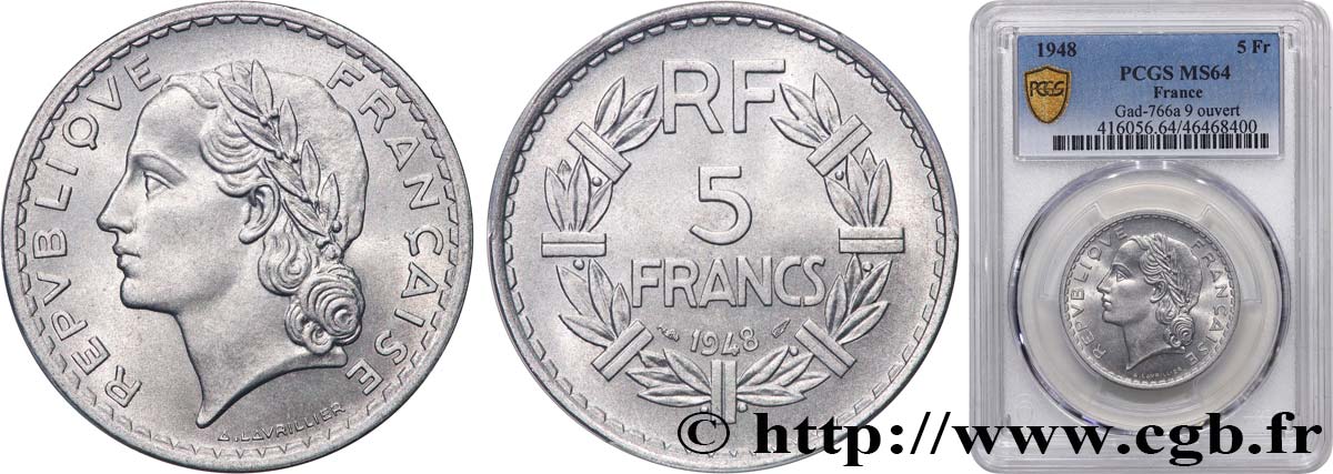 5 francs Lavrillier, aluminium, 9 ouvert 1948  F.339/13 MS64 PCGS