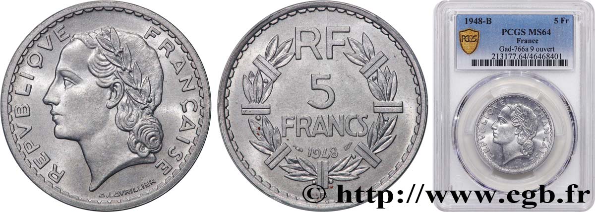 5 francs Lavrillier, aluminium 1948 Beaumont-Le-Roger F.339/15 MS64 PCGS