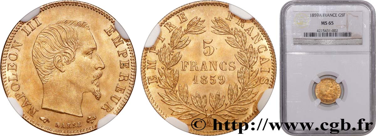 5 francs or Napoléon III, tête nue, grand module 1859 Paris F.501/7 ST65 NGC