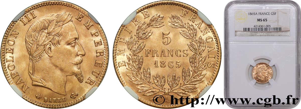 5 francs or Napoléon III, tête laurée 1865 Paris F.502/7 FDC65 NGC