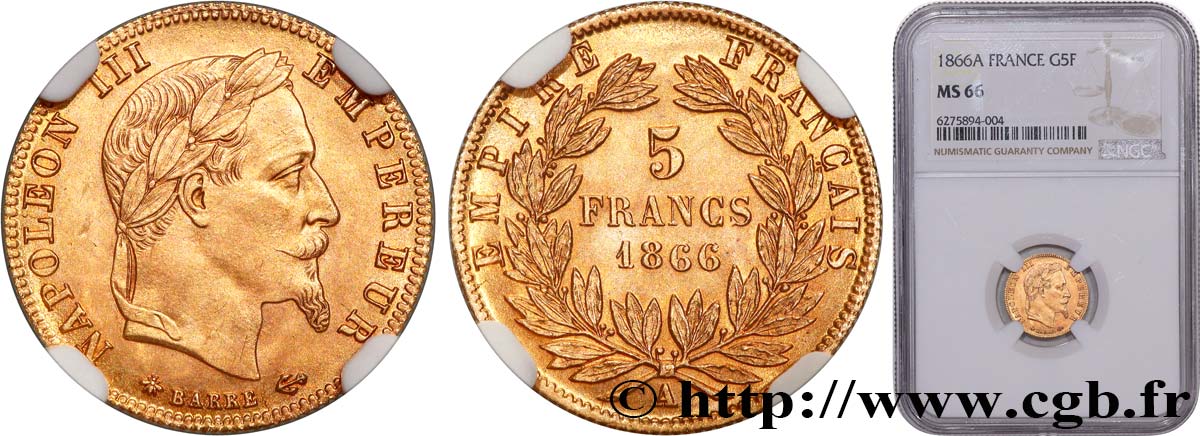 5 francs or Napoléon III, tête laurée 1866 Paris F.502/9 FDC66 NGC