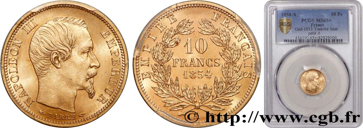10 francs or Napoléon III, tête nue, petit module, tranche lisse 1854 Paris F.505/1 ST65 PCGS