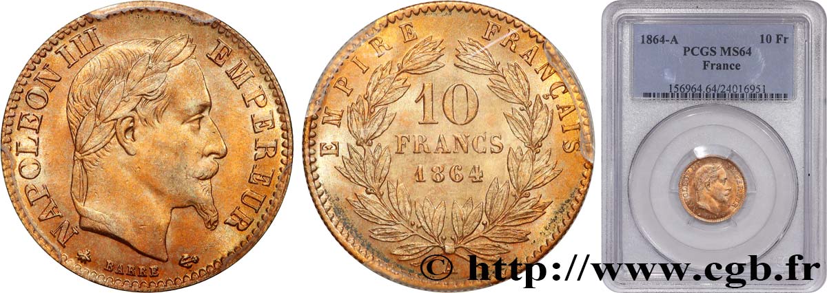 10 francs or Napoléon III, tête laurée 1864 Paris F.507A/6 MS64 PCGS