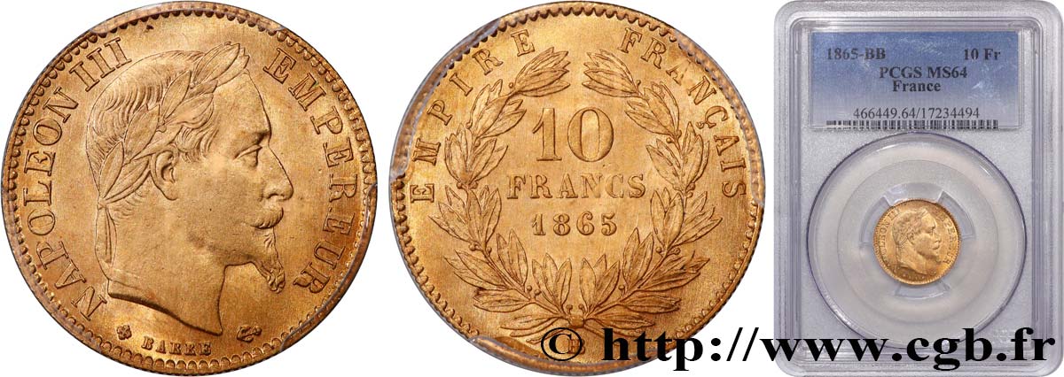 10 francs or Napoléon III, tête laurée 1865 Strasbourg F.507A/10 SPL64 PCGS
