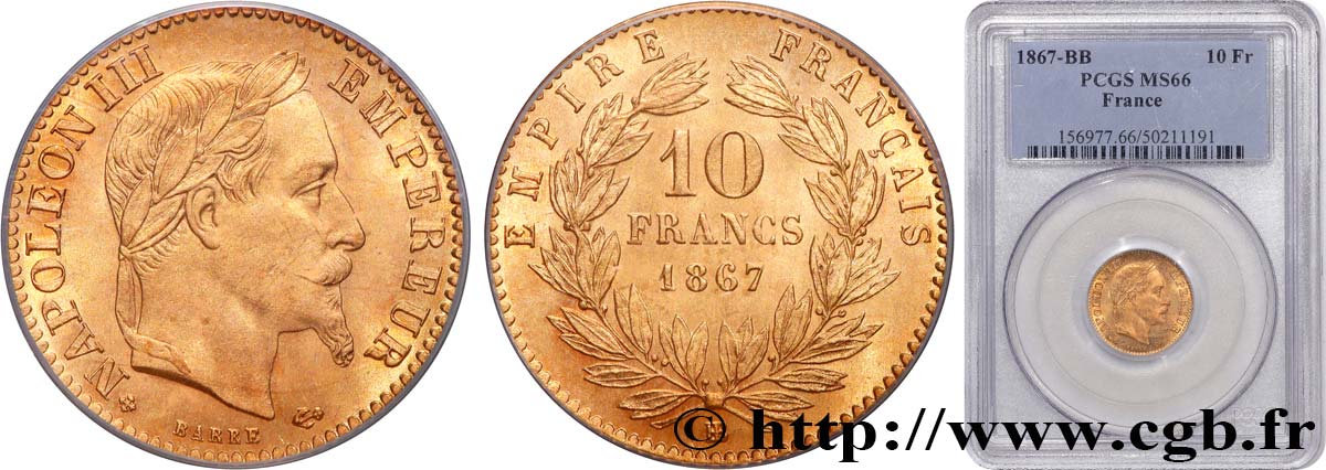 10 francs or Napoléon III, tête laurée 1867 Strasbourg F.507A/16 MS66 PCGS