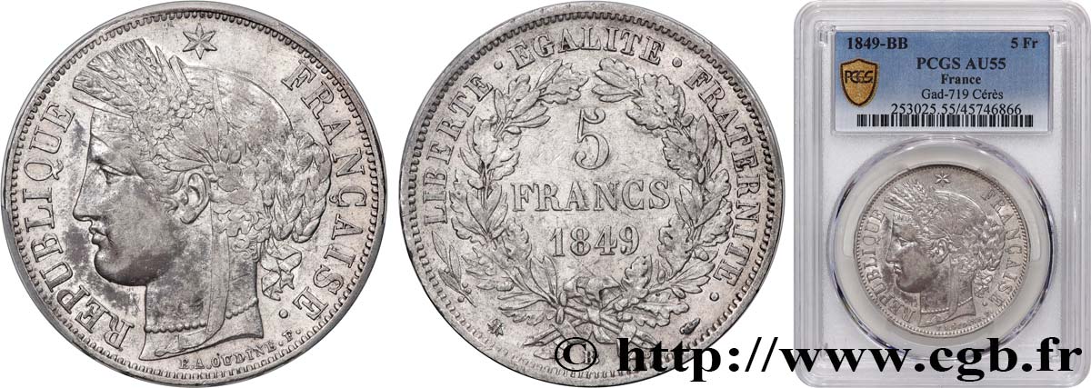 5 francs Cérès, IIe République 1849 Strasbourg F.327/3 AU55 PCGS