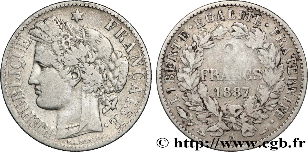2 francs Cérès, avec légende 1887 Paris F.265/13 BC+ 