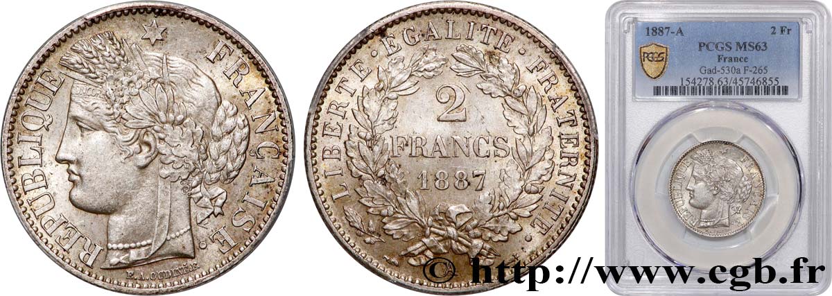 2 francs Cérès, avec légende 1887 Paris F.265/13 MS63 PCGS