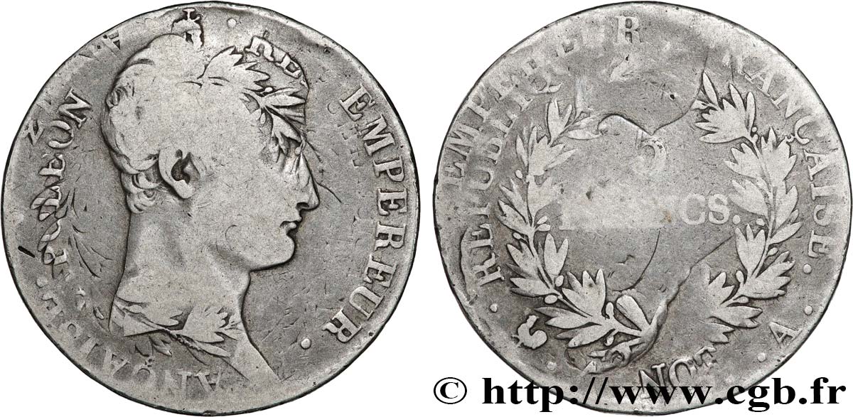 5 francs Napoléon Empereur, Calendrier révolutionnaire, Fautée Double Frappe 1805 Paris F.303/2 var. VG 