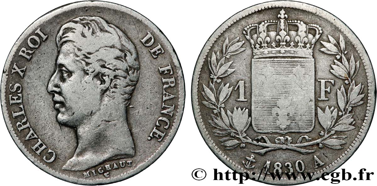 1 franc Charles X, matrice du revers à quatre feuilles 1830 Paris F.207A/26 TB