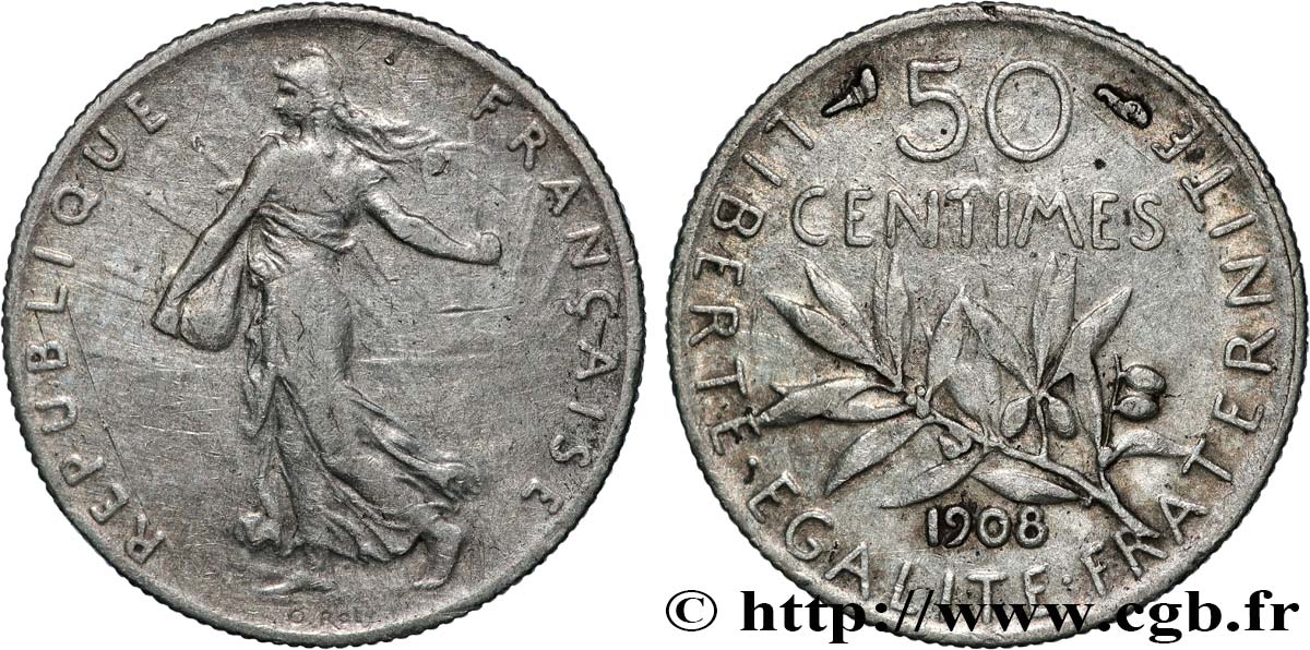 50 centimes Semeuse 1908 Paris F.190/15 XF