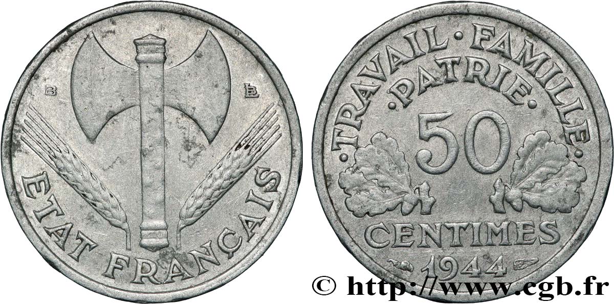 50 centimes Francisque, légère 1944 Beaumont-Le-Roger F.196/5 TB 