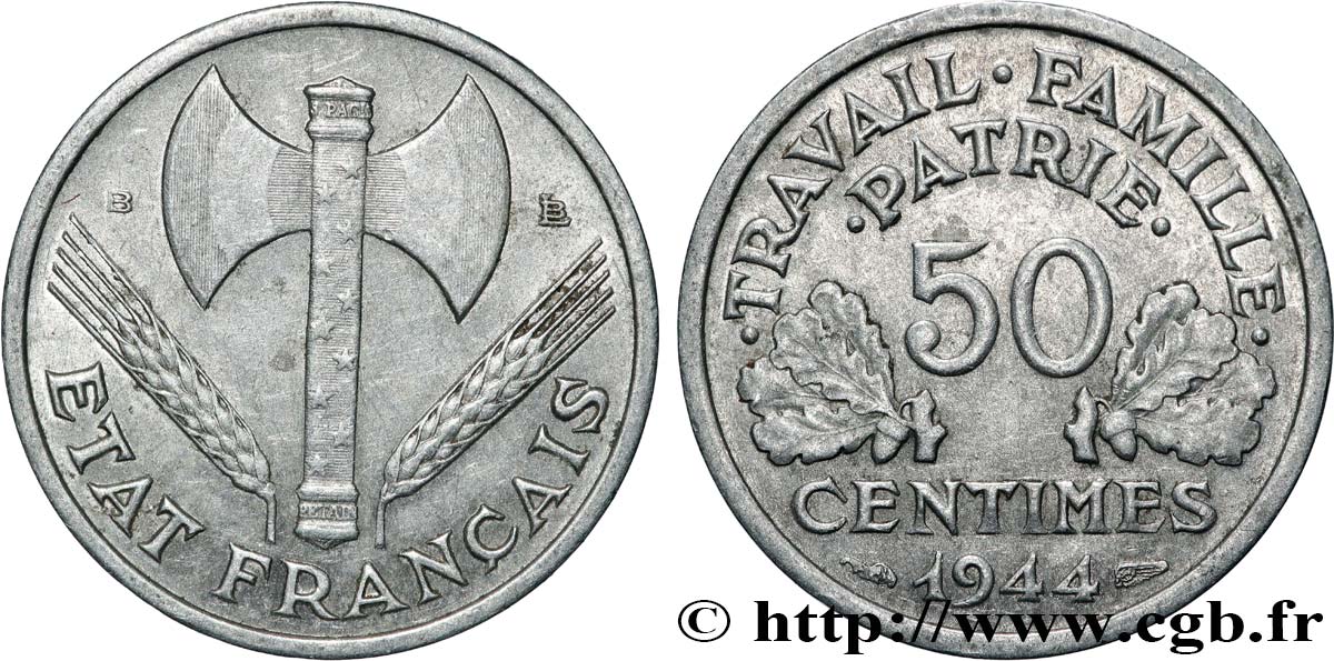 50 centimes Francisque, légère 1944 Beaumont-Le-Roger F.196/5 MBC 