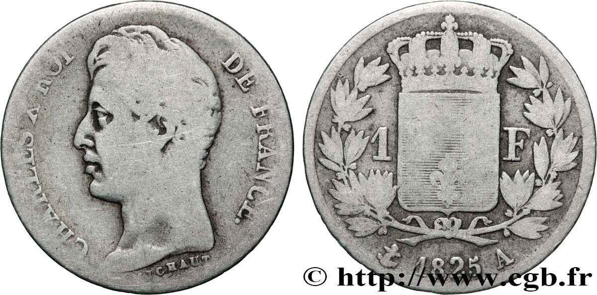 1 franc Charles X, matrice du revers à cinq feuilles 1825 Paris F.207/1 B+