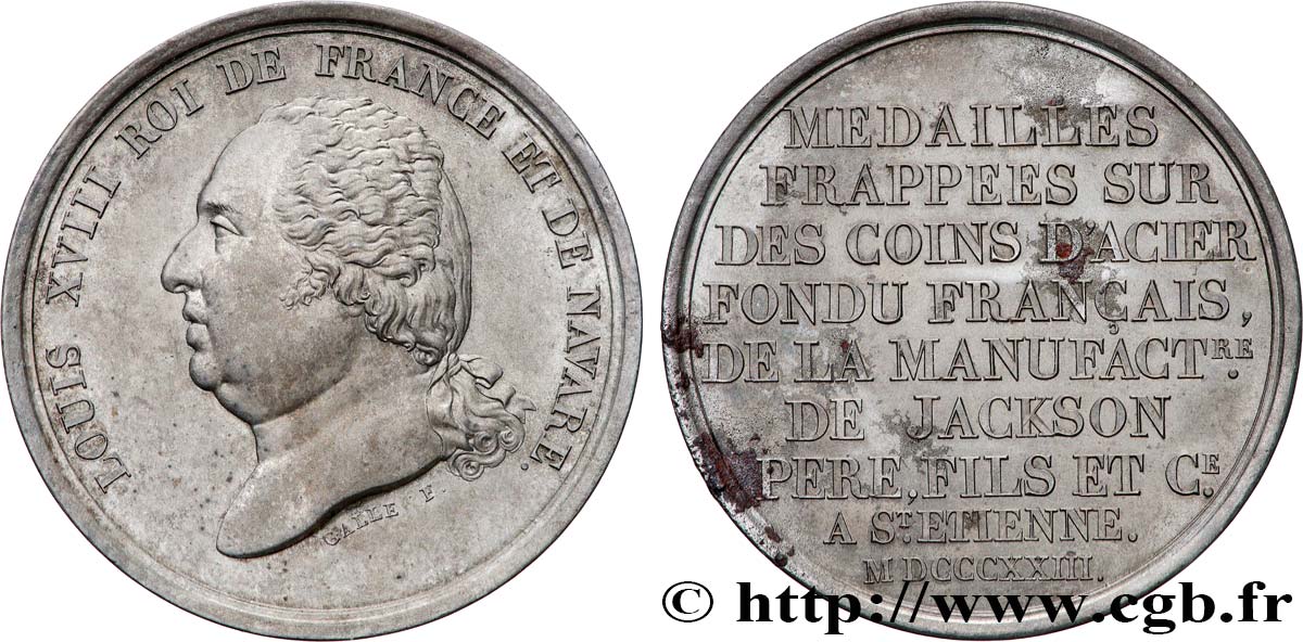 Essai au module de 5 Francs de Galle et de Jackson, en Fer 1823 Paris Maz.773  var. VZ 