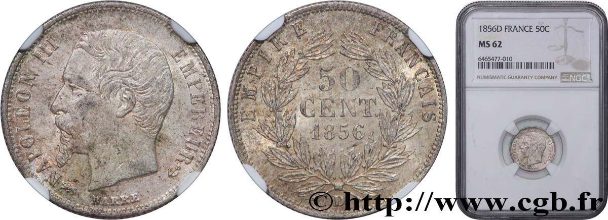 50 centimes Napoléon III, tête nue 1856 Lyon F.187/7 VZ62 NGC