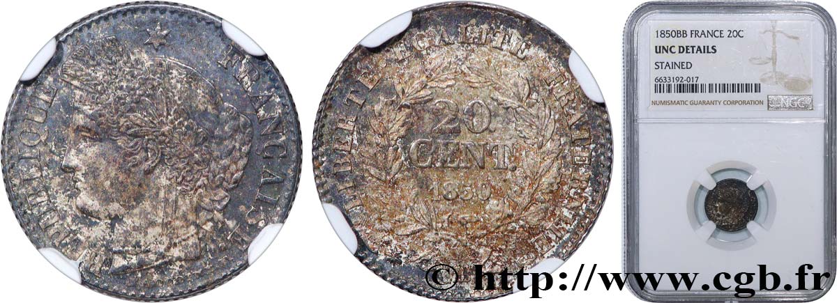 20 centimes Cérès, IIe République 1850 Strasbourg F.146/4 MS NGC