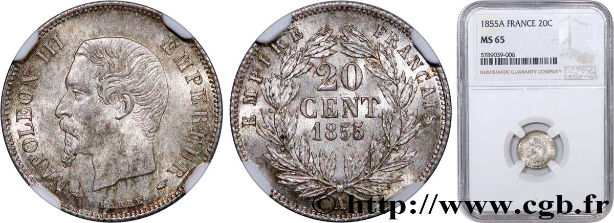 20 centimes Napoléon III, tête nue 1855 Paris F.148/3 MS65 NGC
