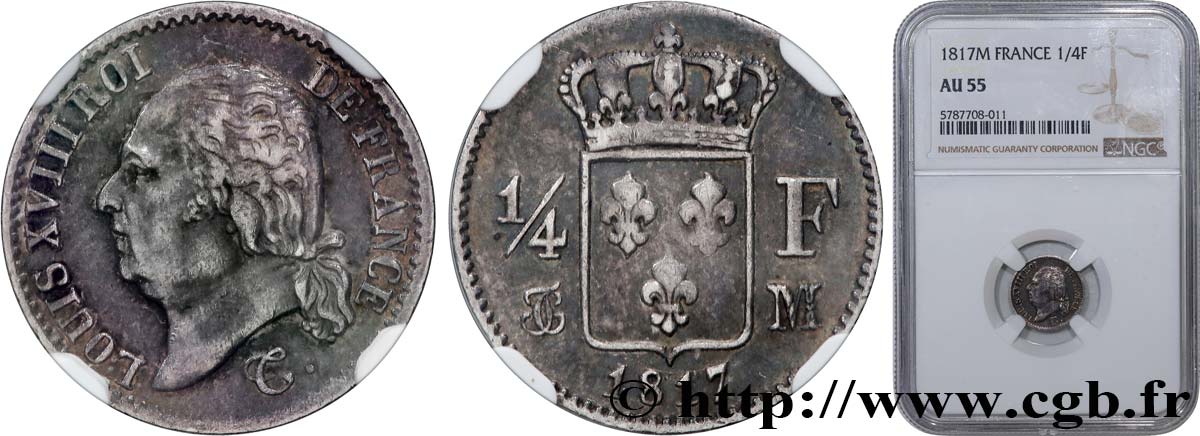 1/4 franc Louis XVIII 1817 Toulouse F.163/7 AU55 NGC