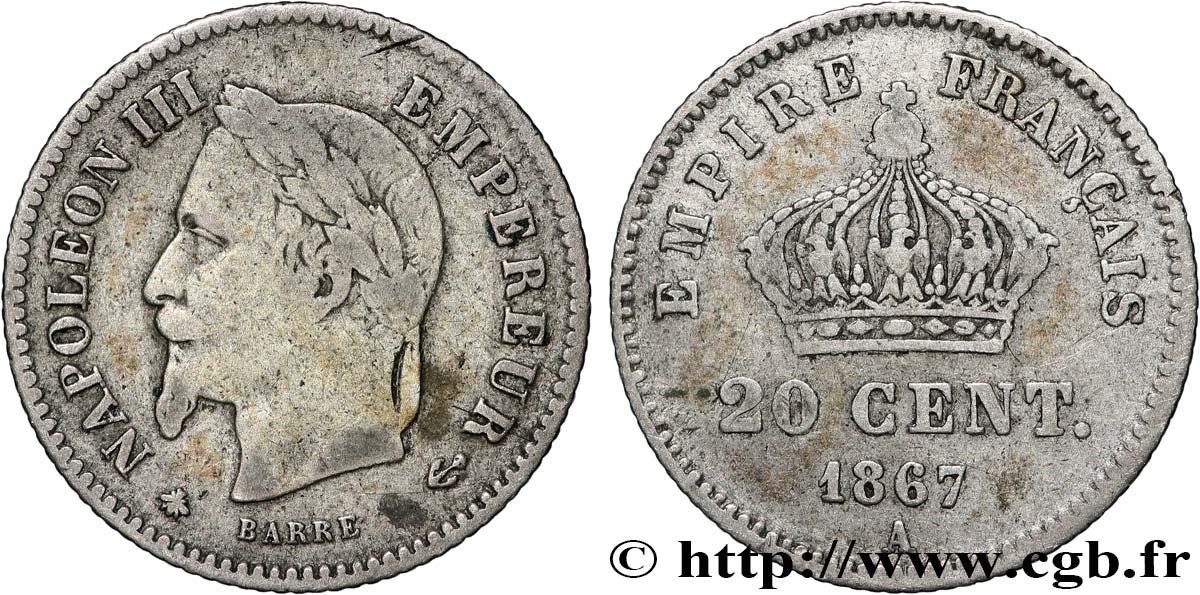 20 centimes Napoléon III, tête laurée, grand module 1867 Paris F.150/1 TB