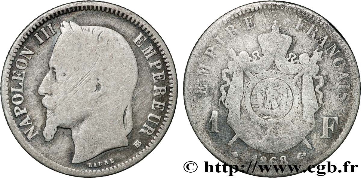 1 franc Napoléon III, tête laurée 1868 Strasbourg F.215/11 B